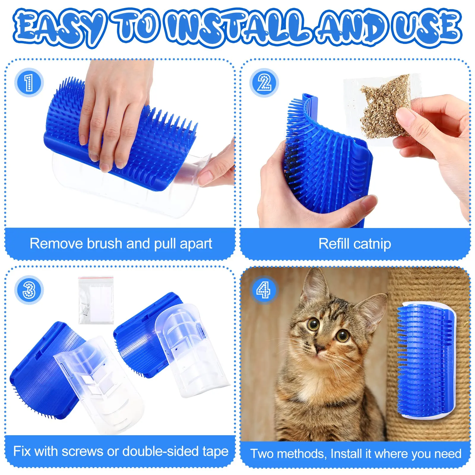 Cat Self Groomer Brush, Wall Corner Scratcher Blue, 70g