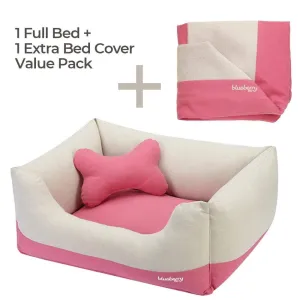 Cover-removable and Washable Color-block Linen Blend Dog Bed & Bed Cover Value Pack