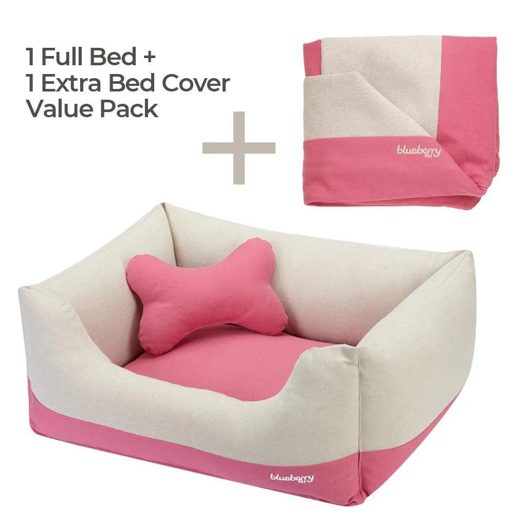 Cover-removable and Washable Color-block Linen Blend Dog Bed & Bed Cover Value Pack