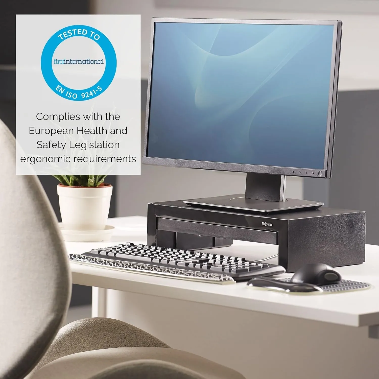 Fellowes Designer Suites Monitor Stand - 3-Height Adjustable Ergonomic Riser with Storage, 18kg Capacity, Black