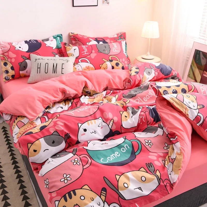 Japanese Pink Cats Bedding Set without Bed Flat Sheet